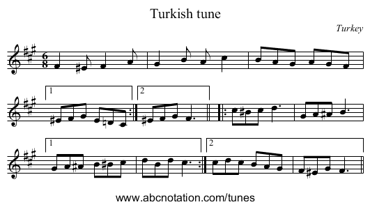Turkish tune - staff notation