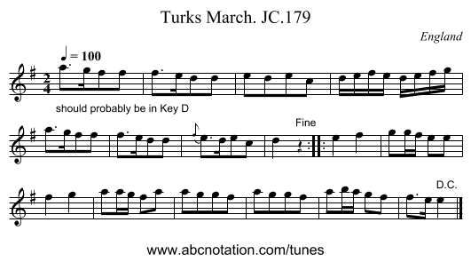 Turks March. JC.179 - staff notation