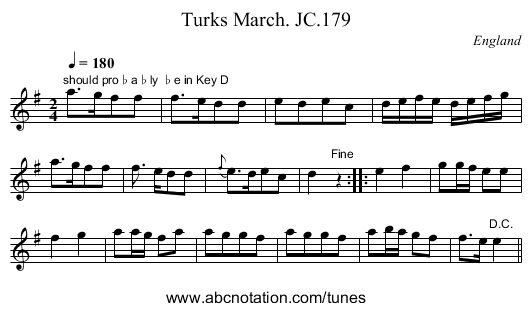 Turks March. JC.179 - staff notation