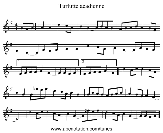 Turlutte acadienne - staff notation