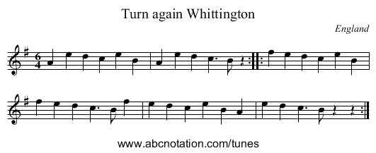 Turn again Whittington - staff notation