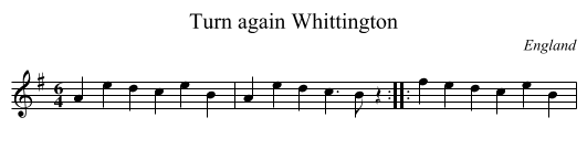 Turn again Whittington - staff notation