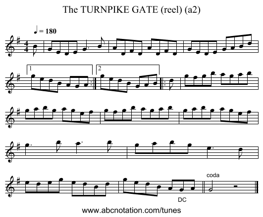 TURNPIKE GATE (reel) (a2), The - staff notation