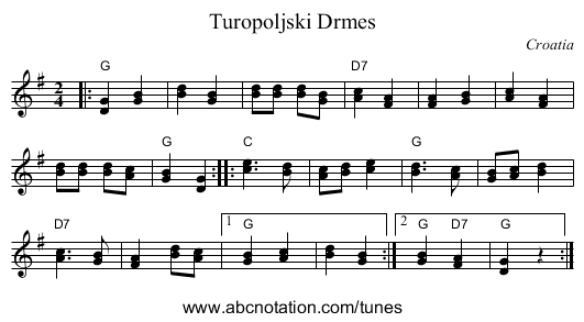 Turopoljski Drmes - staff notation