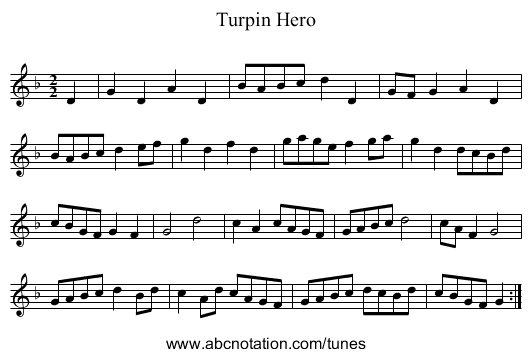 Turpin Hero - staff notation