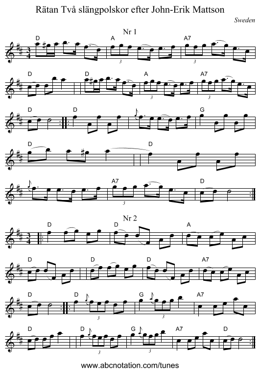 Två slängpolskor efter John-Erik Mattson, Rätan - staff notation