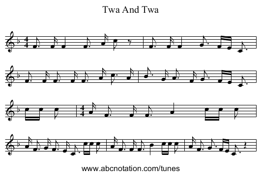 Twa And Twa - staff notation