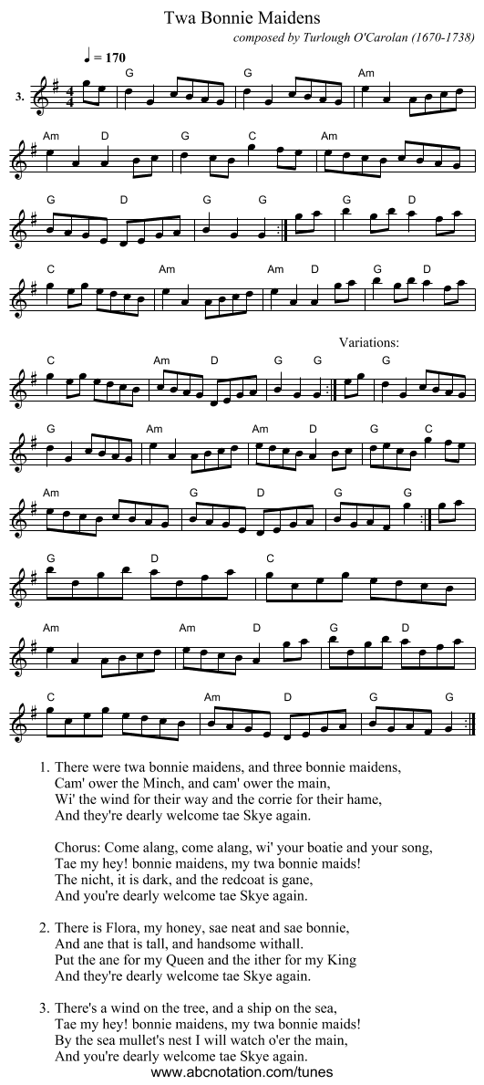 Twa Bonnie Maidens - staff notation