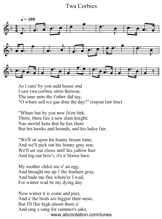 Twa Corbies - staff notation