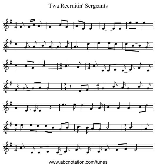 Twa Recruitin' Sergeants - staff notation