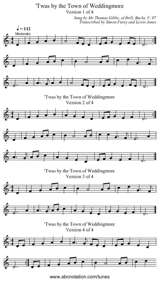 'Twas by the Town of Weddingmore - staff notation