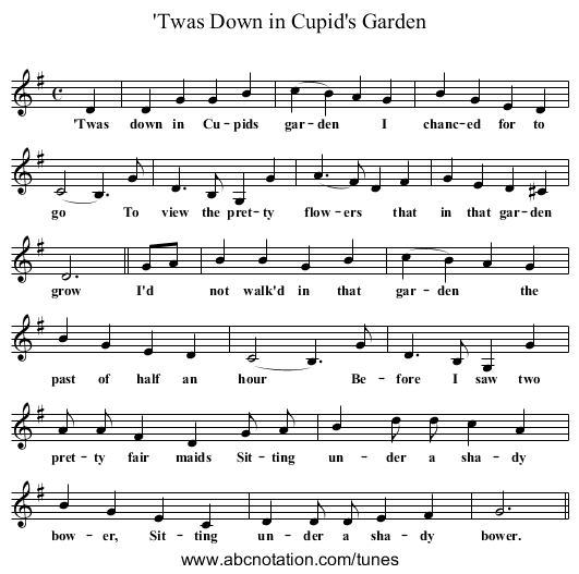'Twas Down in Cupid's Garden - staff notation