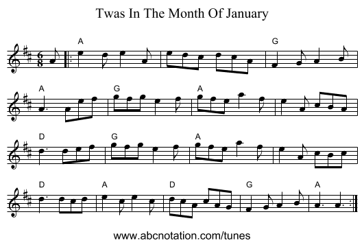 Twas In The Month Of January - staff notation