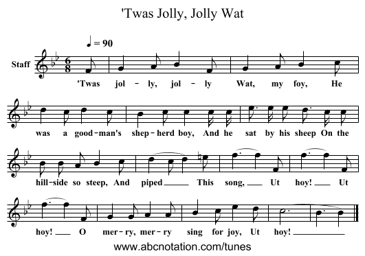 'Twas Jolly, Jolly Wat - staff notation
