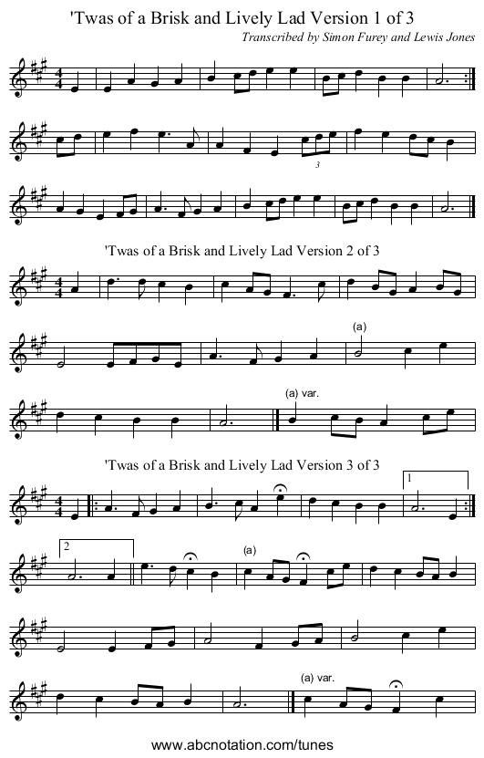'Twas of a Brisk and Lively Lad Version 1 of 3 - staff notation