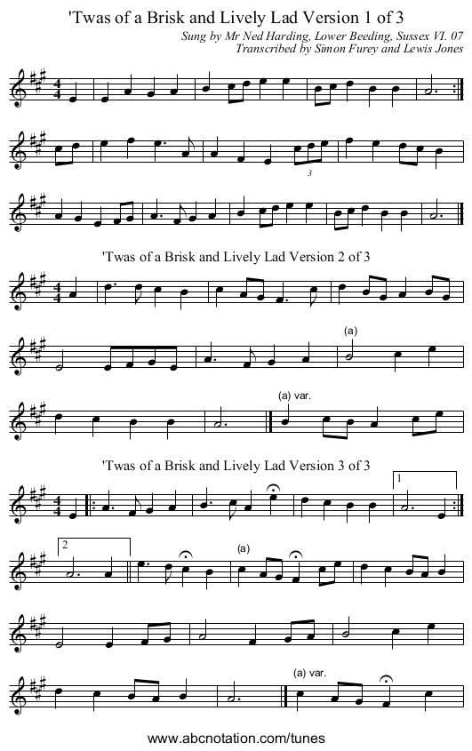 'Twas of a Brisk and Lively Lad Version 1 of 3 - staff notation