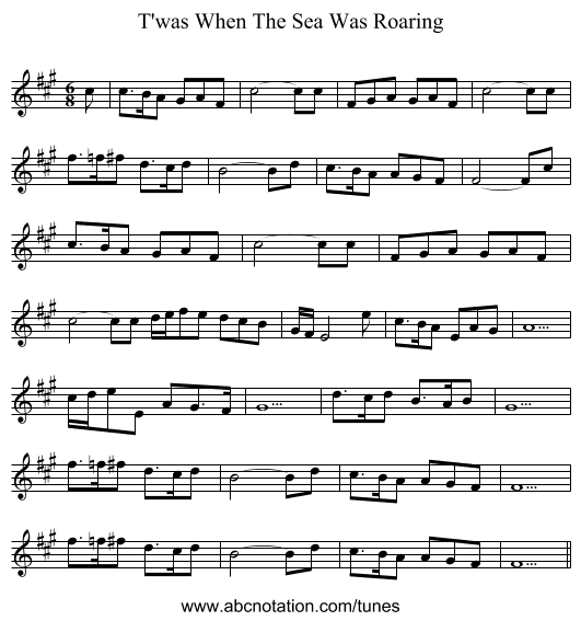 T'was When The Sea Was Roaring - staff notation