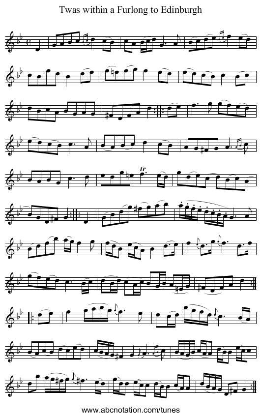 Twas within a Furlong to Edinburgh - staff notation