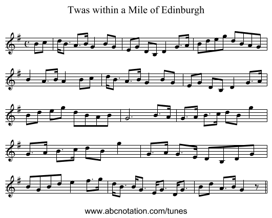 Twas within a Mile of Edinburgh - staff notation