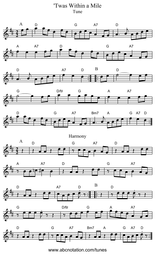 'Twas Within a Mile - staff notation
