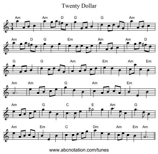 Twenty Dollar - staff notation