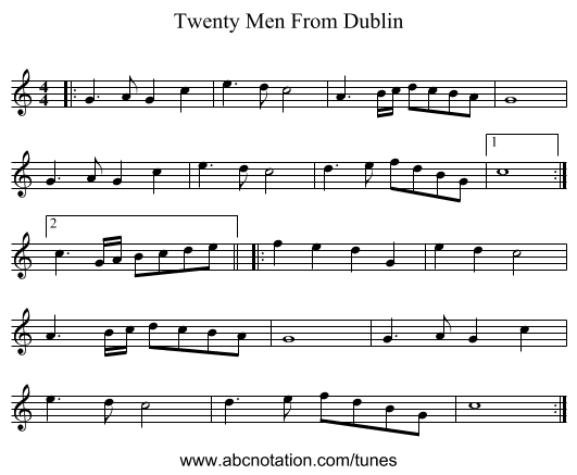 Twenty Men From Dublin - staff notation