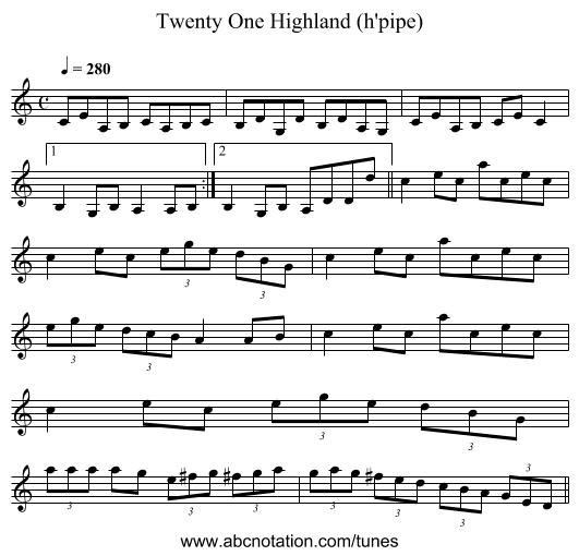 Twenty One Highland (h'pipe) - staff notation