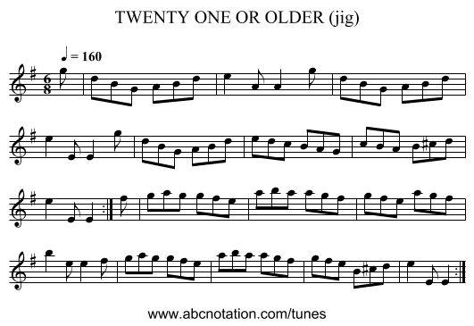 TWENTY ONE OR OLDER (jig) - staff notation