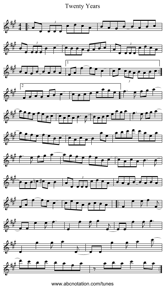 Twenty Years - staff notation