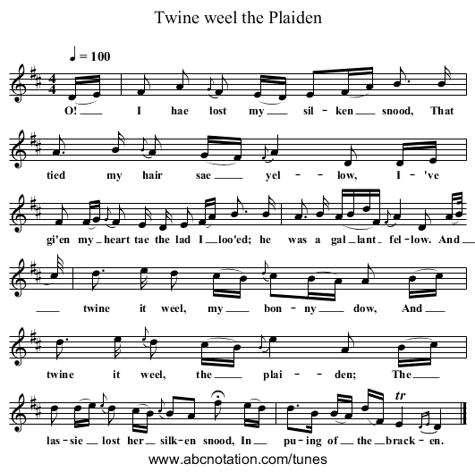 Twine weel the Plaiden - staff notation