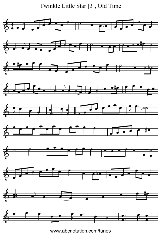 Twinkle Little Star [3], Old Time - staff notation
