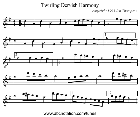 Twirling Dervish Harmony - staff notation