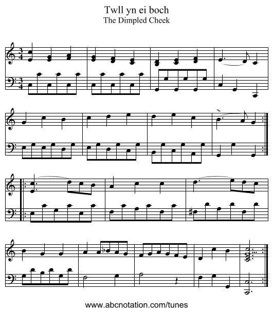 Twll yn ei boch - staff notation