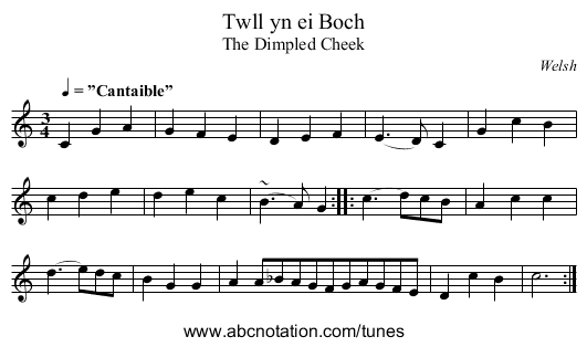 Twll yn ei Boch - staff notation