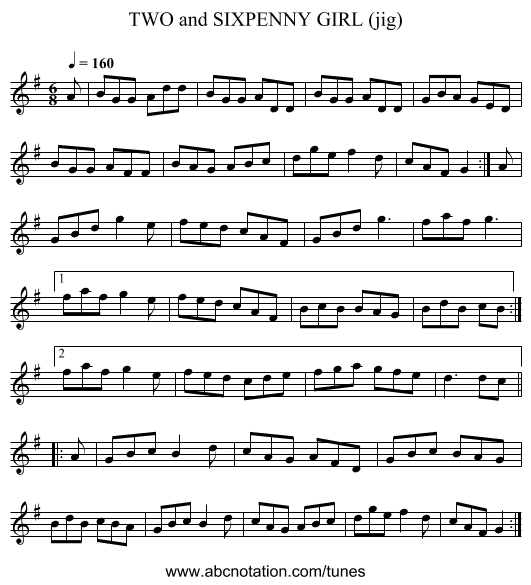 TWO and SIXPENNY GIRL (jig) - staff notation