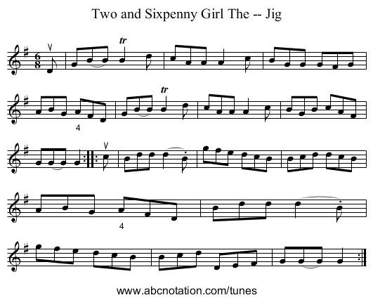 Two and Sixpenny Girl The -- Jig - staff notation