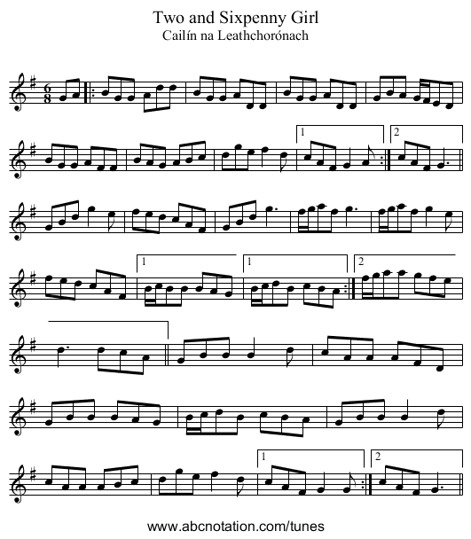 Two and Sixpenny Girl - staff notation