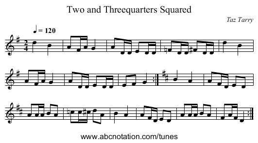 Two and Threequarters Squared - staff notation