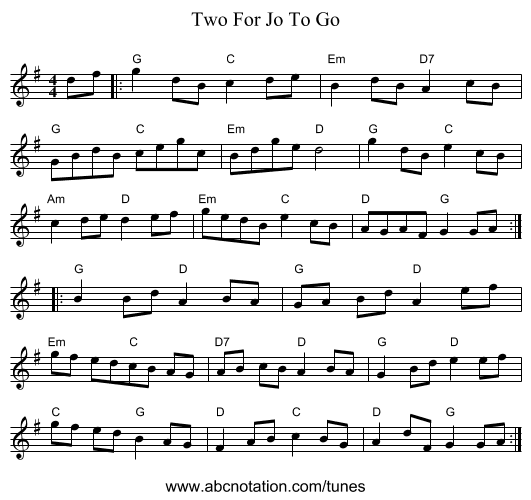 Two For Jo To Go - staff notation