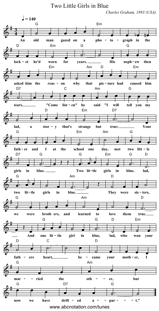 Two Little Girls in Blue - staff notation