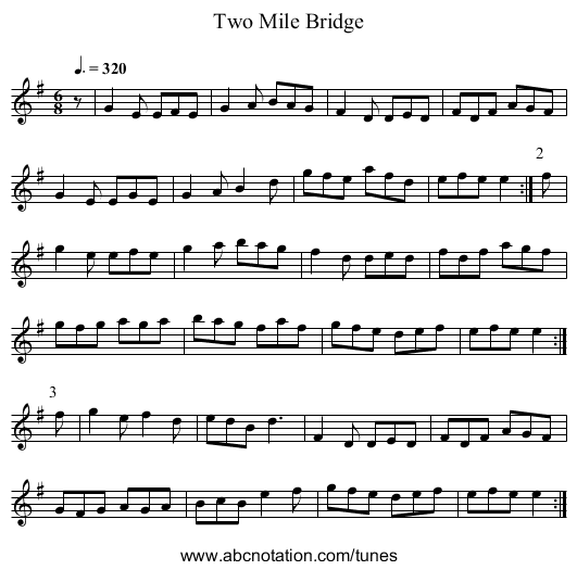 Two Mile Bridge - staff notation