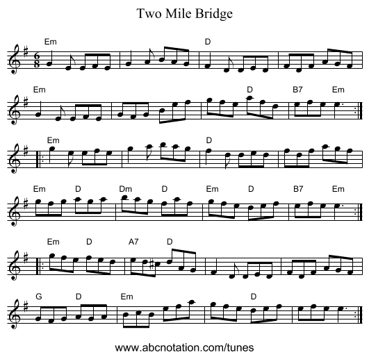 Two Mile Bridge - staff notation