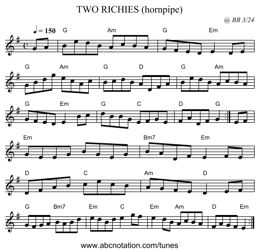 TWO RICHIES (hornpipe) - staff notation