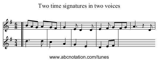 Two time signatures in two voices - staff notation