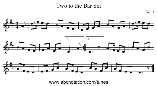 Two to the Bar Set - staff notation