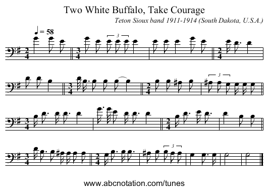 Two White Buffalo, Take Courage - staff notation