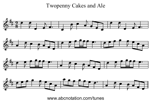 Twopenny Cakes and Ale - staff notation