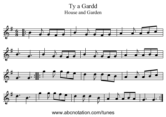 Ty a Gardd - staff notation