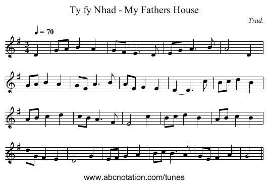 Ty fy Nhad - My Fathers House - staff notation