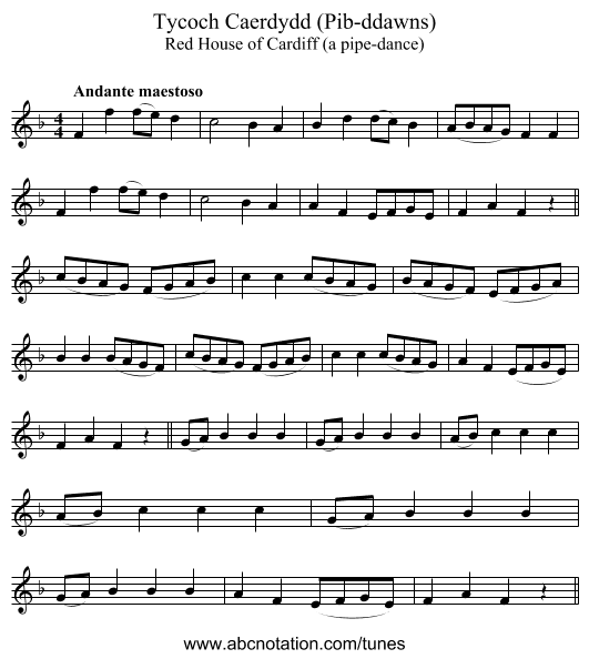 Tycoch Caerdydd (Pib-ddawns) - staff notation
